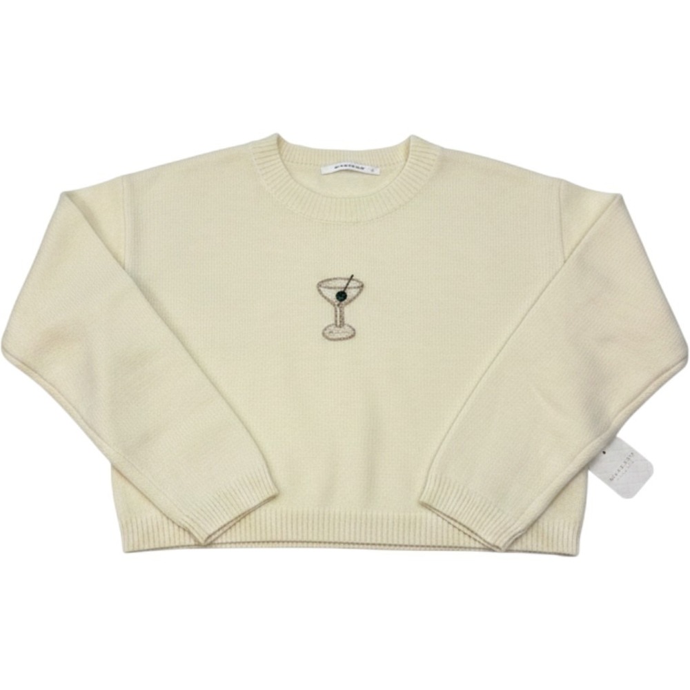 Altar'd State Cream Beaded Martini Glass Cropped Crewneck Sweater XS CST1859 NEW